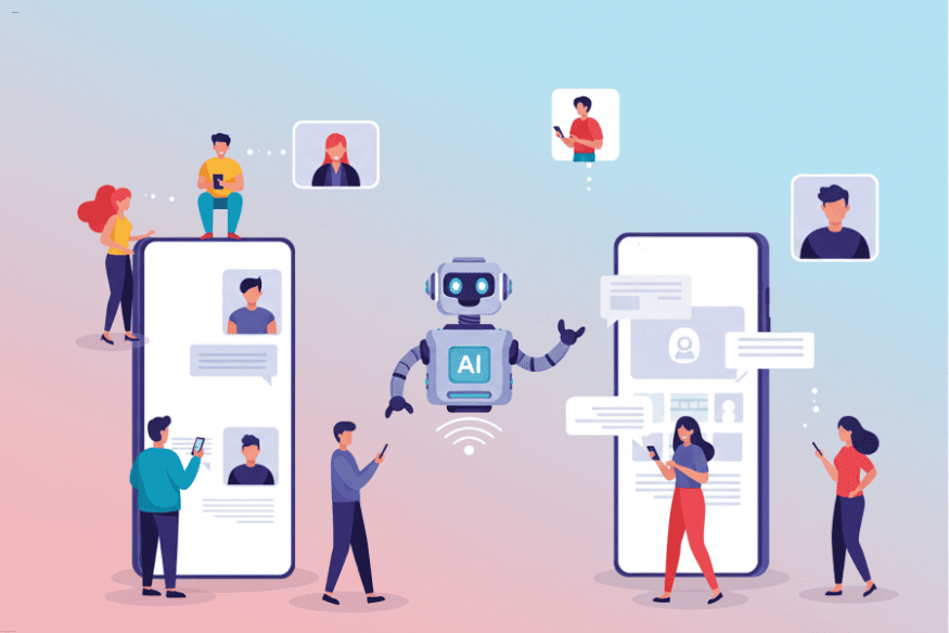 Chatbot com inteligência artificial conversando com múltiplos usuários em smartphones