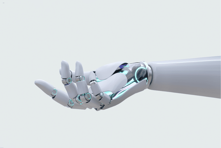Mão robótica estendida com design futurista representando inteligência artificial autônoma