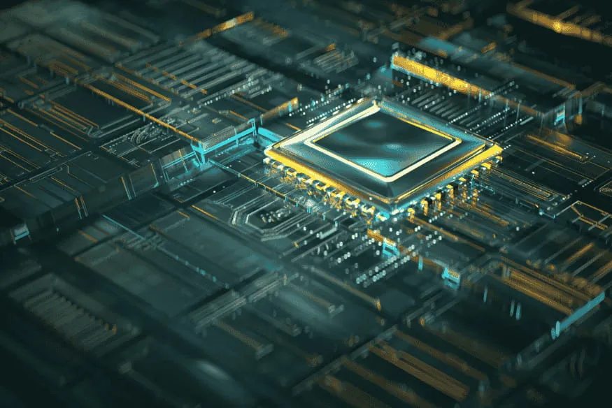 Processador de computador estilizado em circuito avançado com luzes e conexões
