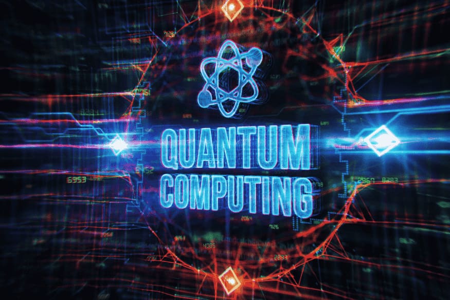 Arte digital com o texto "Quantum Computing" e gráficos luminosos ao fundo