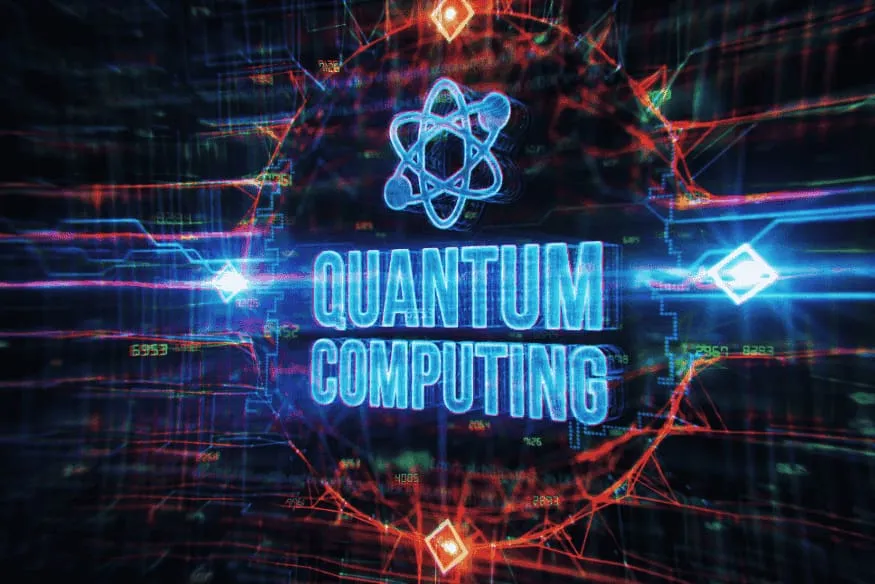 Arte digital com o texto "Quantum Computing" e gráficos luminosos ao fundo