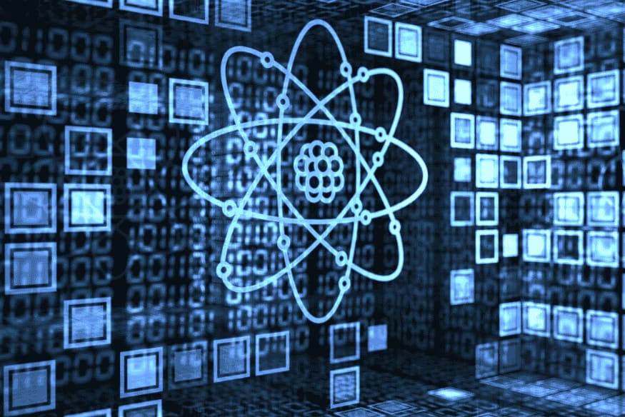Ilustração de átomo sobre fundo digital representando conceitos de computação quântica