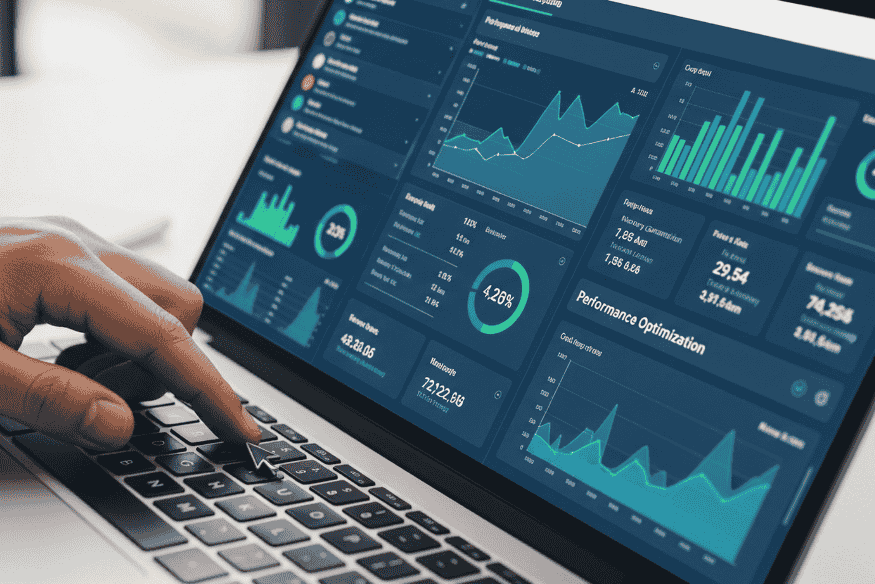 Profissional utilizando notebook com painel de analytics para monitorar resultados de modelos de IA explicável nas operações empresariais
