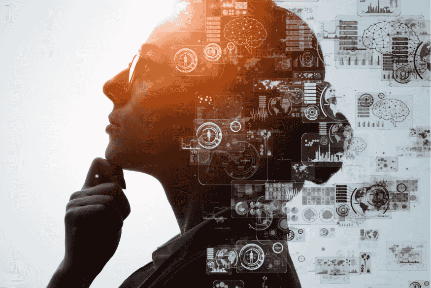 Mulher olhando para frente com sobreposição de elementos tecnológicos, representando a interação entre IA e pensamento humano.