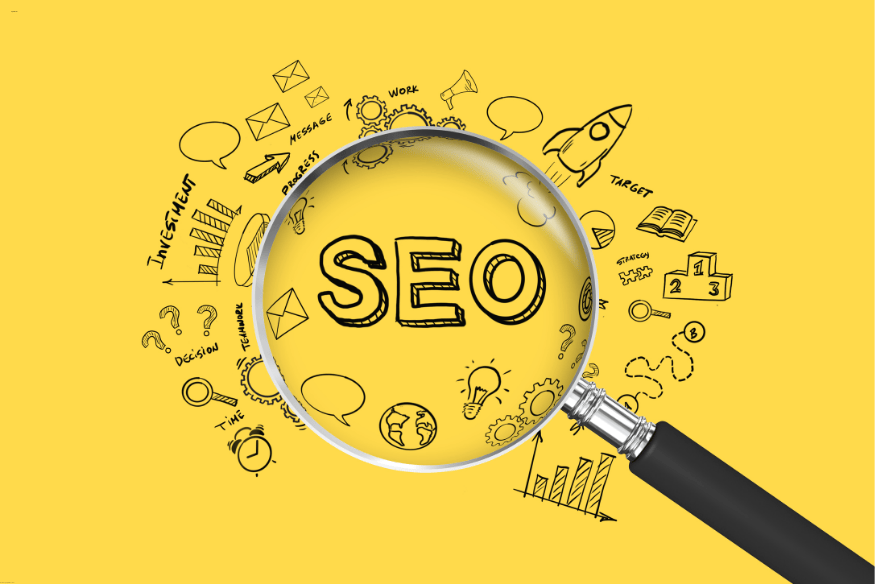Lupa destacando a palavra SEO com ícones relacionados à otimização e conteúdo digital.