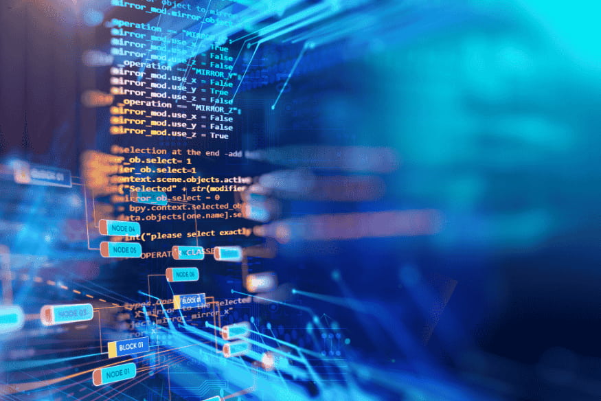 Visualização conceitual de códigos e fluxogramas em ambiente virtual, representando sistemas de inteligência artificial em desenvolvimento.