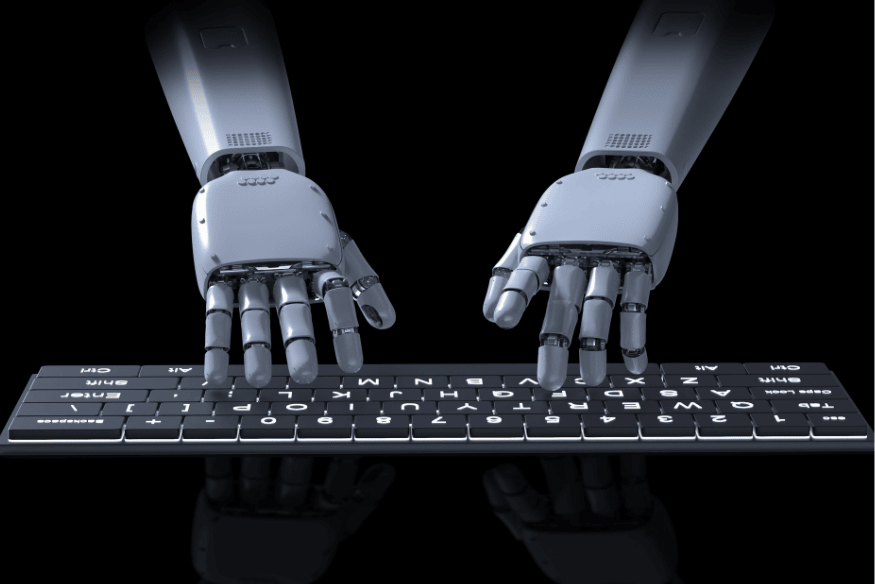Mãos robóticas digitando em teclado futurista simbolizando automação por IA