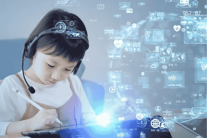 Criança usando fone de ouvido e tablet com interface de inteligência artificial ao fundo