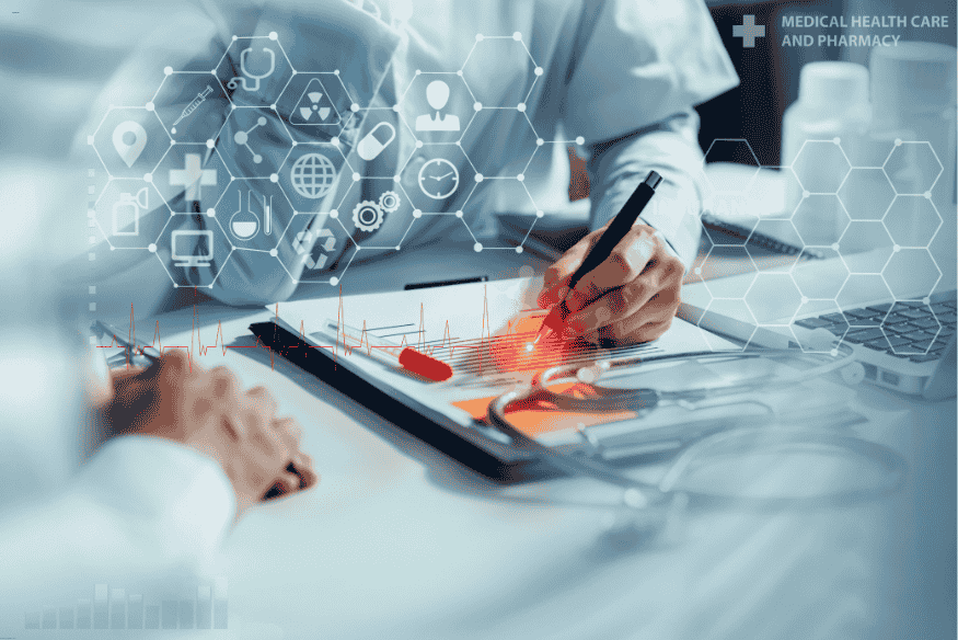 Profissional da saúde analisando dados médicos com interface digital de IA