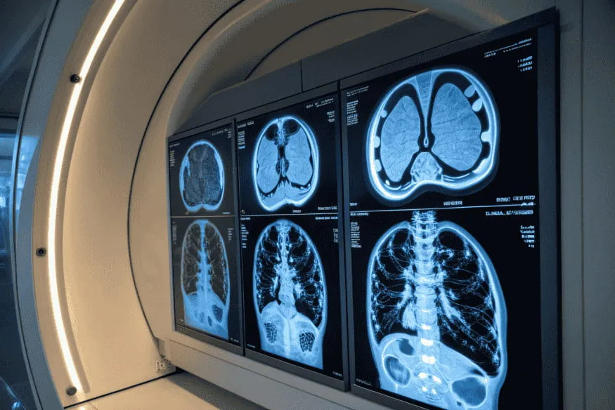 Painel de tomografias e radiografias exibindo cérebro e tórax analisados por IA para apoio ao diagnóstico médico.