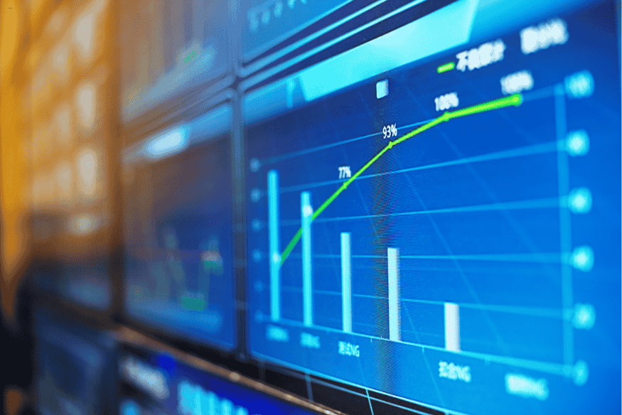 Gráfico financeiro com barras e linha de desempenho em painel digital.