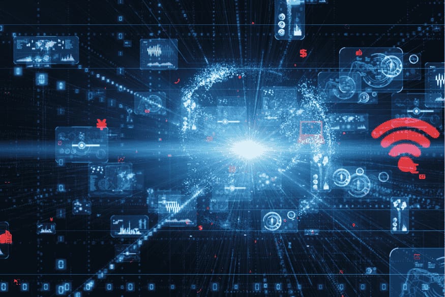 Interface de dados com elementos digitais e símbolo de rede Wi-Fi em destaque.