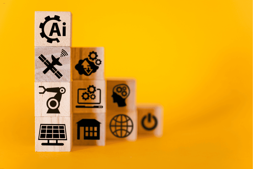 Blocos de madeira com ícones de inteligência artificial, automação e tecnologia