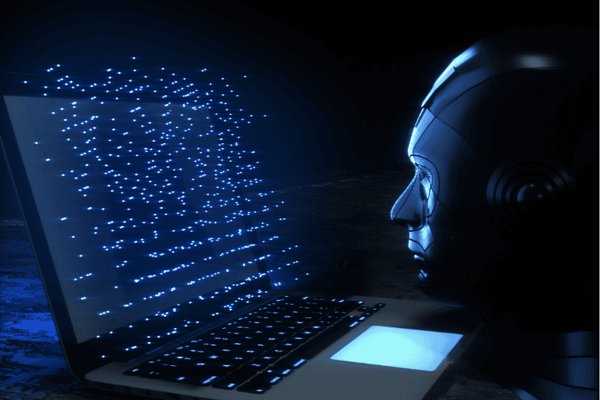 Inteligência artificial digital interagindo com notebook em ambiente escuro