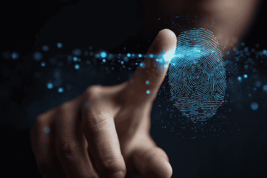 Digitalização de impressão digital representando autenticação biométrica em redes 6G.
