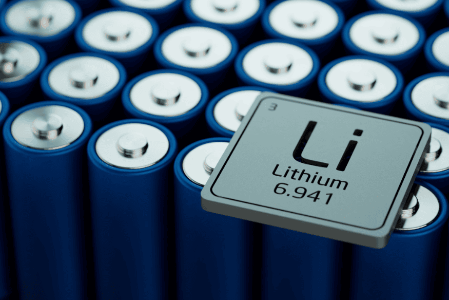 Ícone do elemento lítio sobre baterias cilíndricas azuis