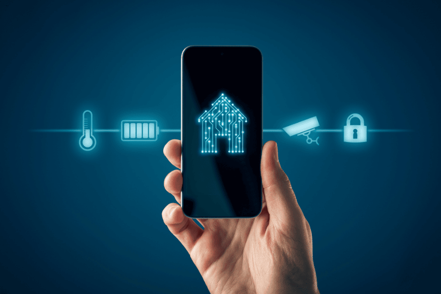 Ícones de automação residencial exibidos acima de smartphone em fundo azul escuro