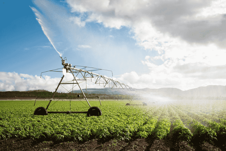 Sistema de irrigação automatizada em plantação com céu aberto ao fundo