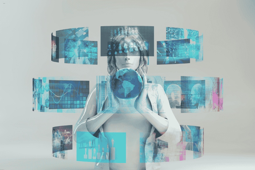 Representação gráfica de mulher com múltiplas telas digitais em realidade mista