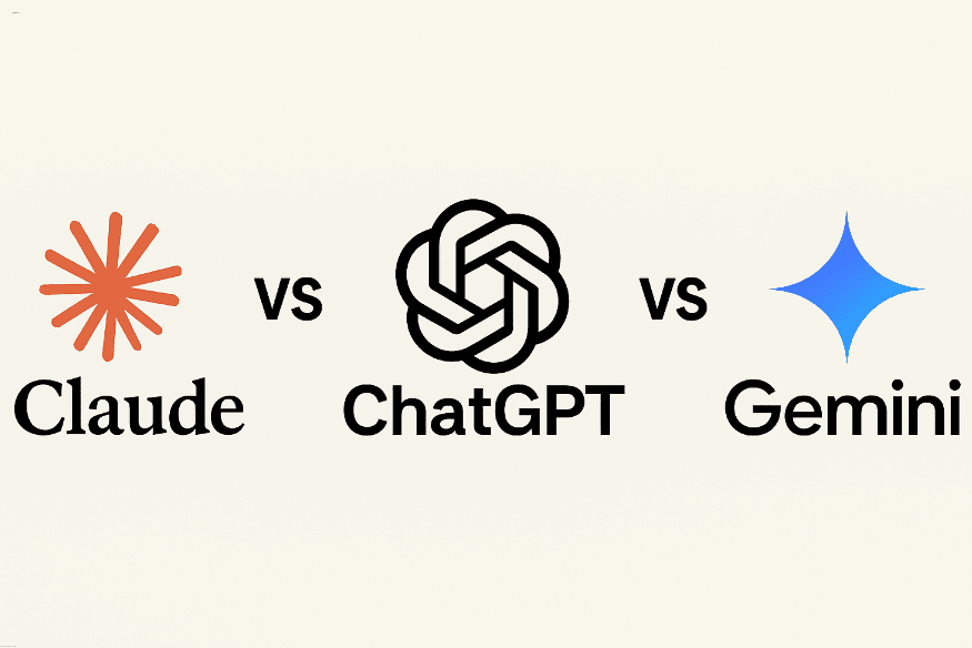 Logotipos lado a lado das inteligências artificiais Claude, ChatGPT e Gemini em fundo claro.