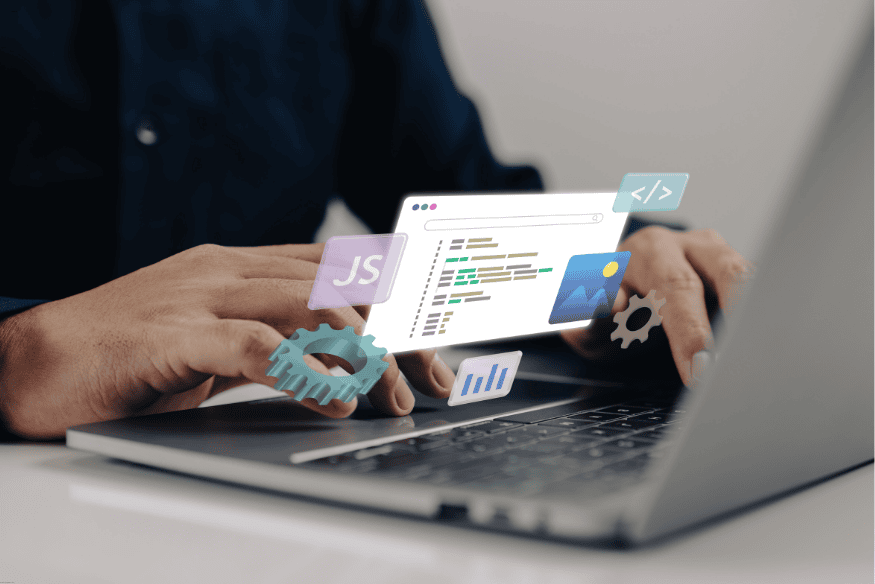 Pessoa programando em notebook com ícones flutuantes de IA, código e gráficos.