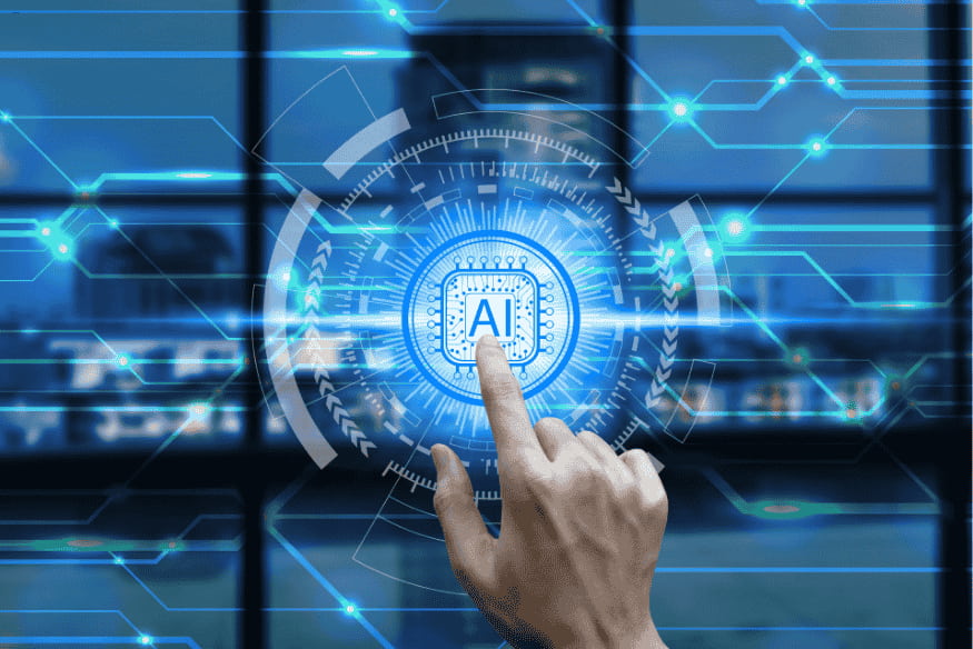 Mão humana interagindo com circuito digital que representa chip de inteligência artificial