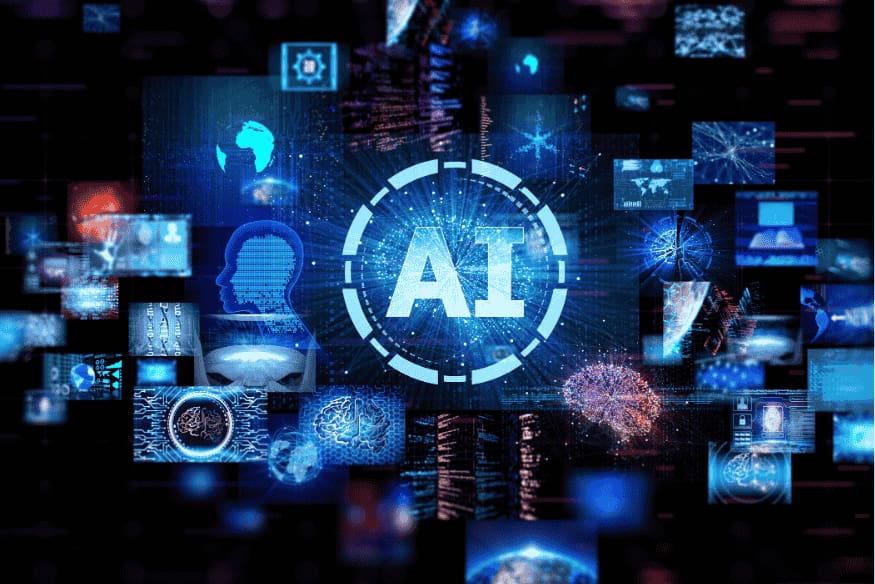 Representação visual da inteligência artificial em rede com elementos digitais interconectados