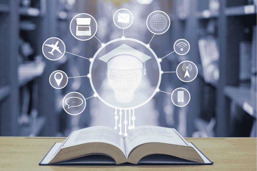 Livro aberto com ícones digitais conectados a uma figura de inteligência artificial