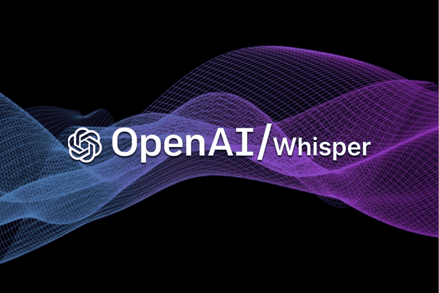 Logotipo do OpenAI Whisper sobre um fundo com ondas digitais roxas e azuis.