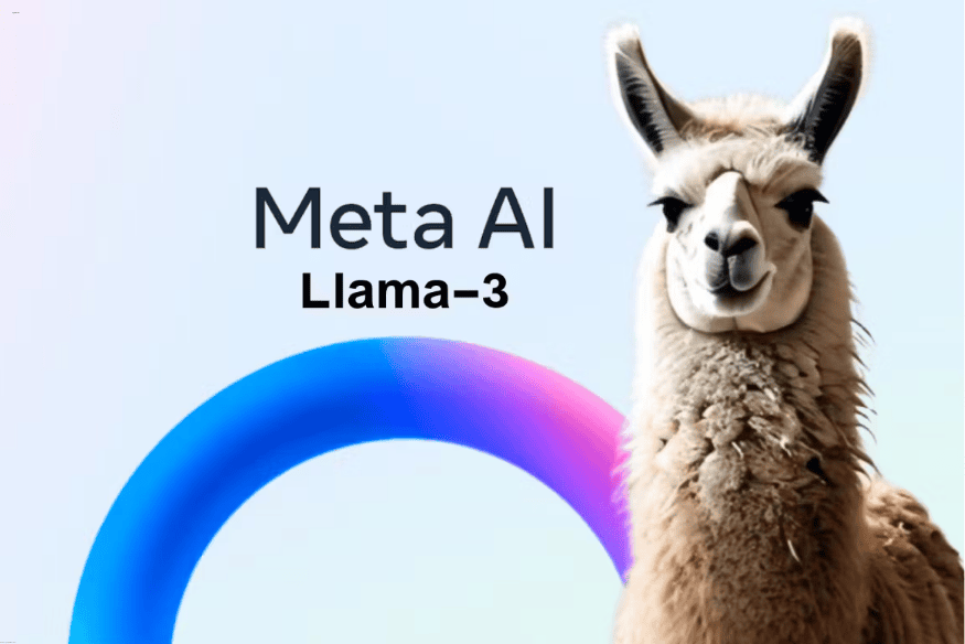 Ilustração do modelo Meta AI Llama 3 com uma lhama e um fundo claro com anel azul e roxo.
