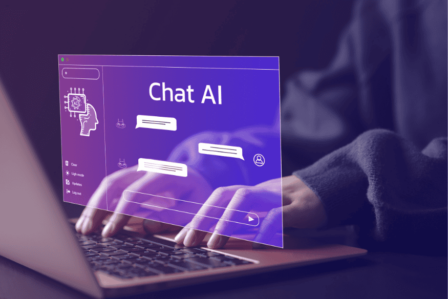 Pessoa digitando com interface virtual de chatbot AI na tela