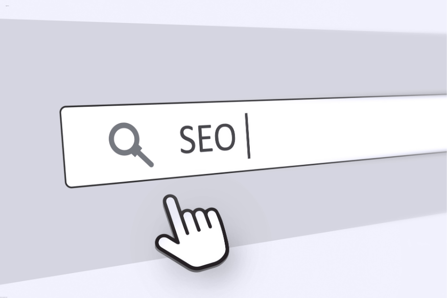 Campo de busca com a palavra "SEO" sendo clicada por um ícone de cursor em fundo claro.