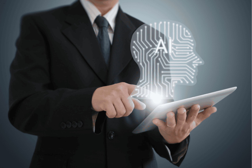Executivo interagindo com inteligência artificial através de tablet digital