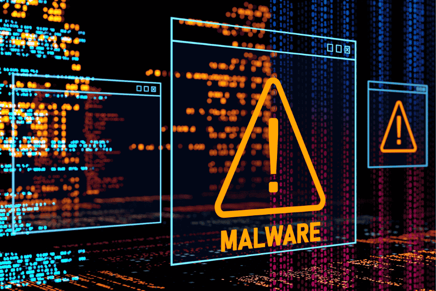 Alerta de malware em telas virtuais, representando ameaça digital em phishing.