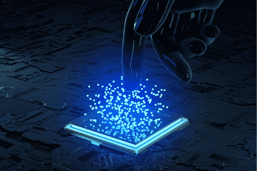 Dedo robótico tocando chip digital com emissão de dados em luz azul