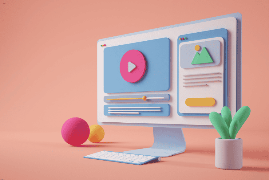 Ilustração 3D de interface de site com elementos visuais e botões interativos