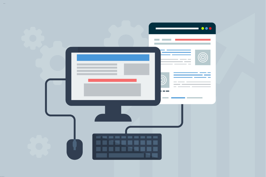Ilustração de computador conectado exibindo uma página web, representando carregamento de site.