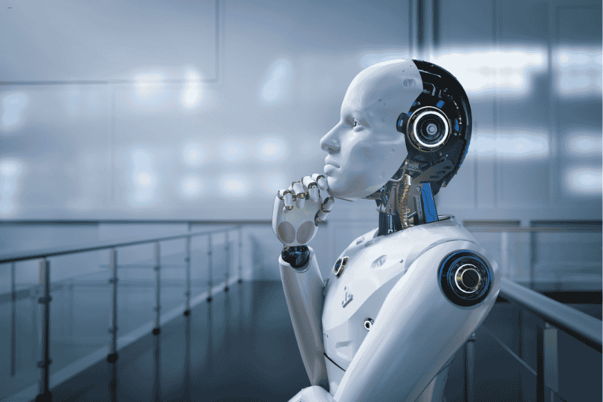 Robô humanoide em posição pensativa dentro de ambiente moderno, simbolizando reflexão sobre ética na IA.