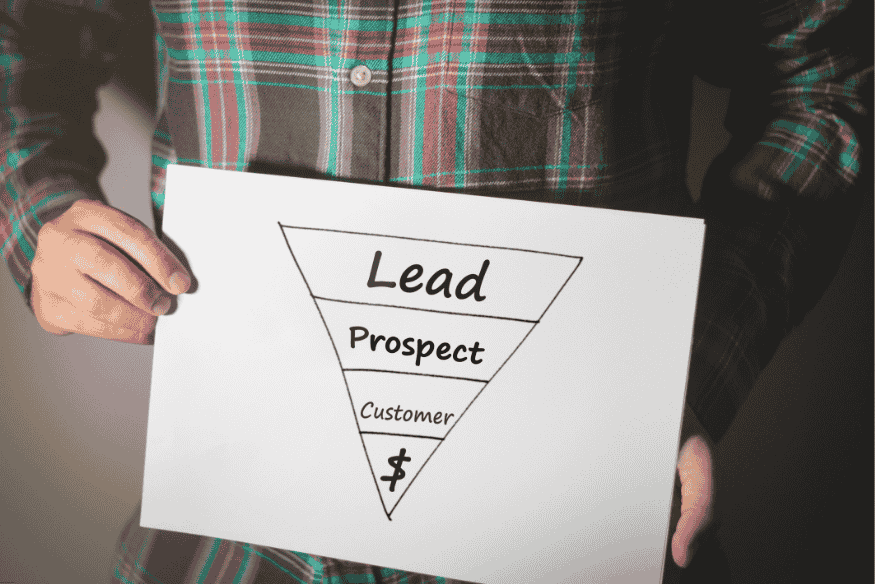 Pessoa segurando folha com funil de vendas dividido em lead, prospect e cliente.