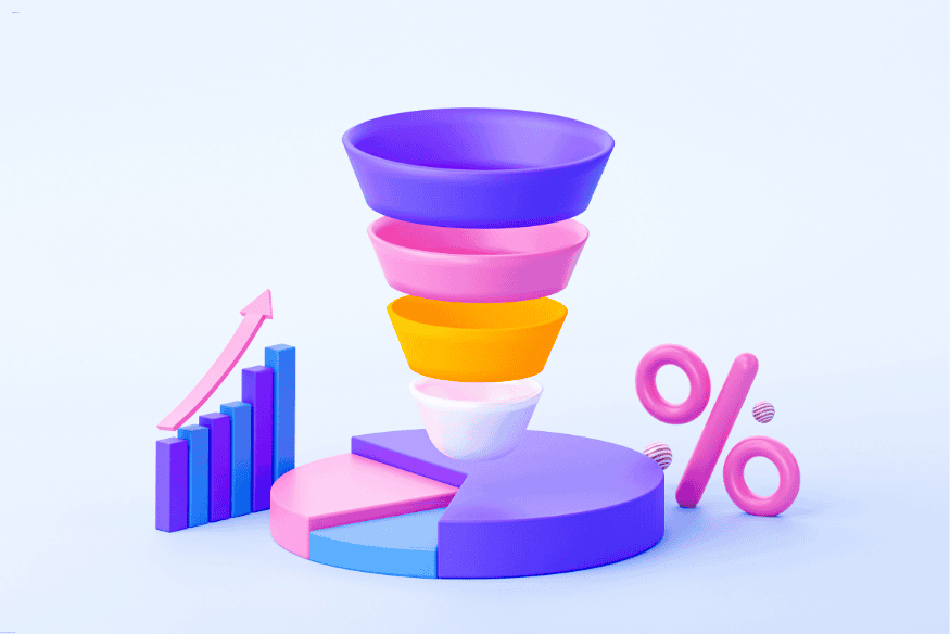 Funil de vendas 3D com gráfico de pizza e elementos visuais de conversão.