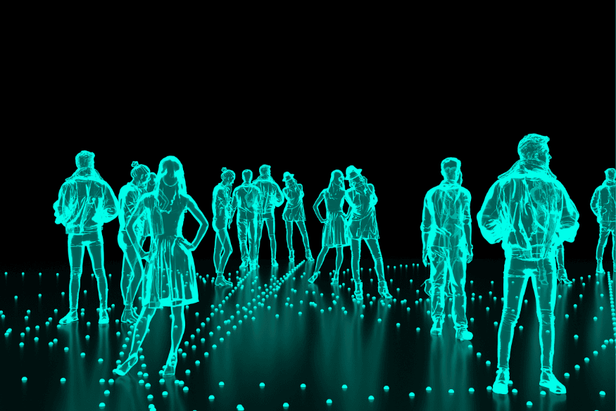 Grupo de avatares holográficos em ambiente digital futurista