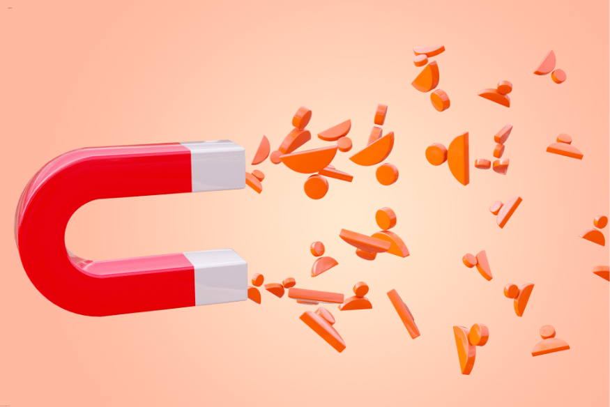 Ímã vermelho atraindo ícones de usuários em laranja, representando geração de leads por engajamento.