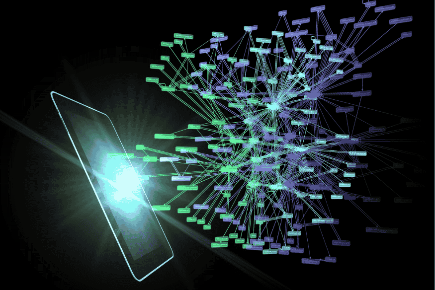 Visualização gráfica de rede conectada a smartphone, representando rastreamento de links.