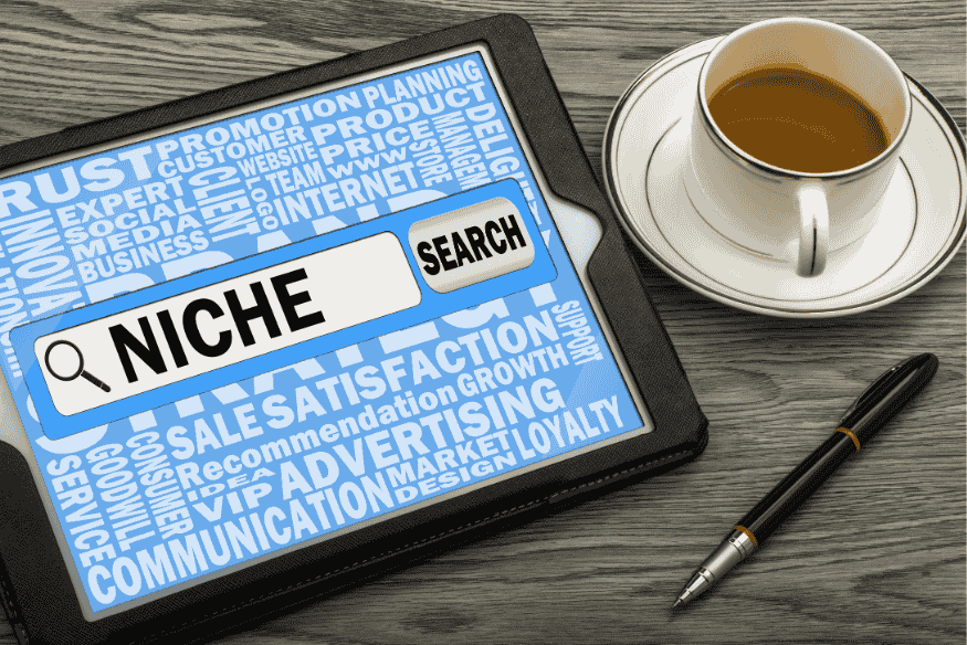 Tela com a palavra “niche” em destaque e termos relacionados a marketing digital ao fundo.