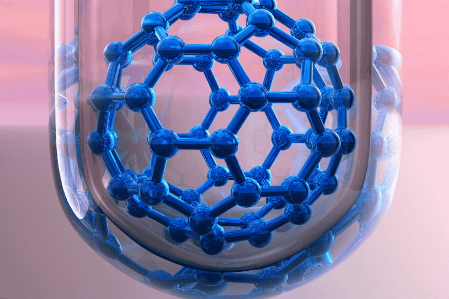 Estrutura molecular de fulereno azul dentro de um recipiente de vidro