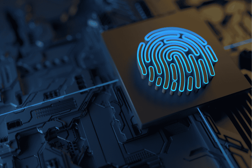 Imagem de impressão digital cercada por ícones de dispositivos conectados, simbolizando identidade digital.