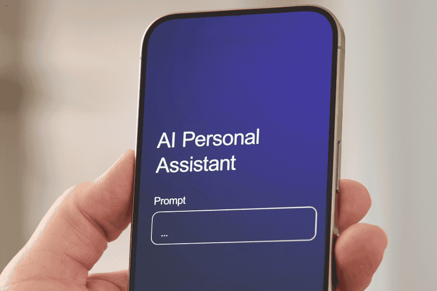 Tela de smartphone exibindo assistente pessoal com IA e campo de prompt.