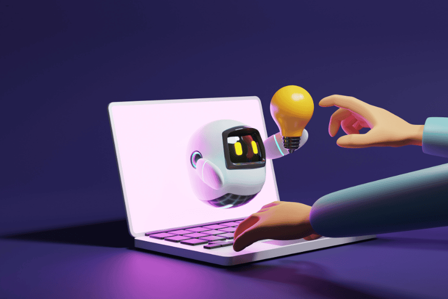 Robô 3D saindo de um notebook e oferecendo uma lâmpada a uma pessoa.
