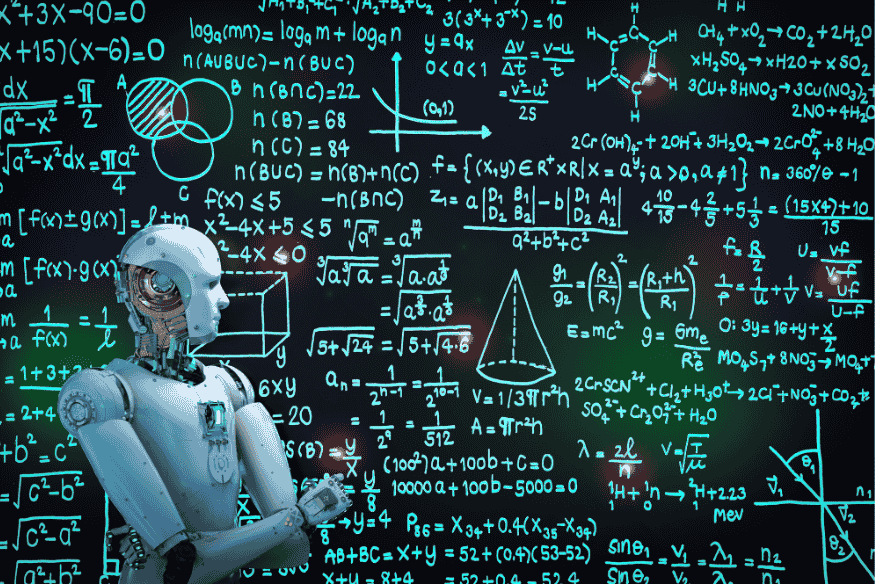 Robô em frente a quadro negro com fórmulas matemáticas complexas