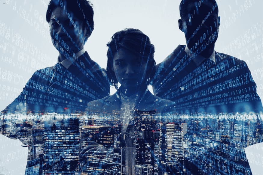 Profissionais de negócios com fundo digital representando segurança cibernética.